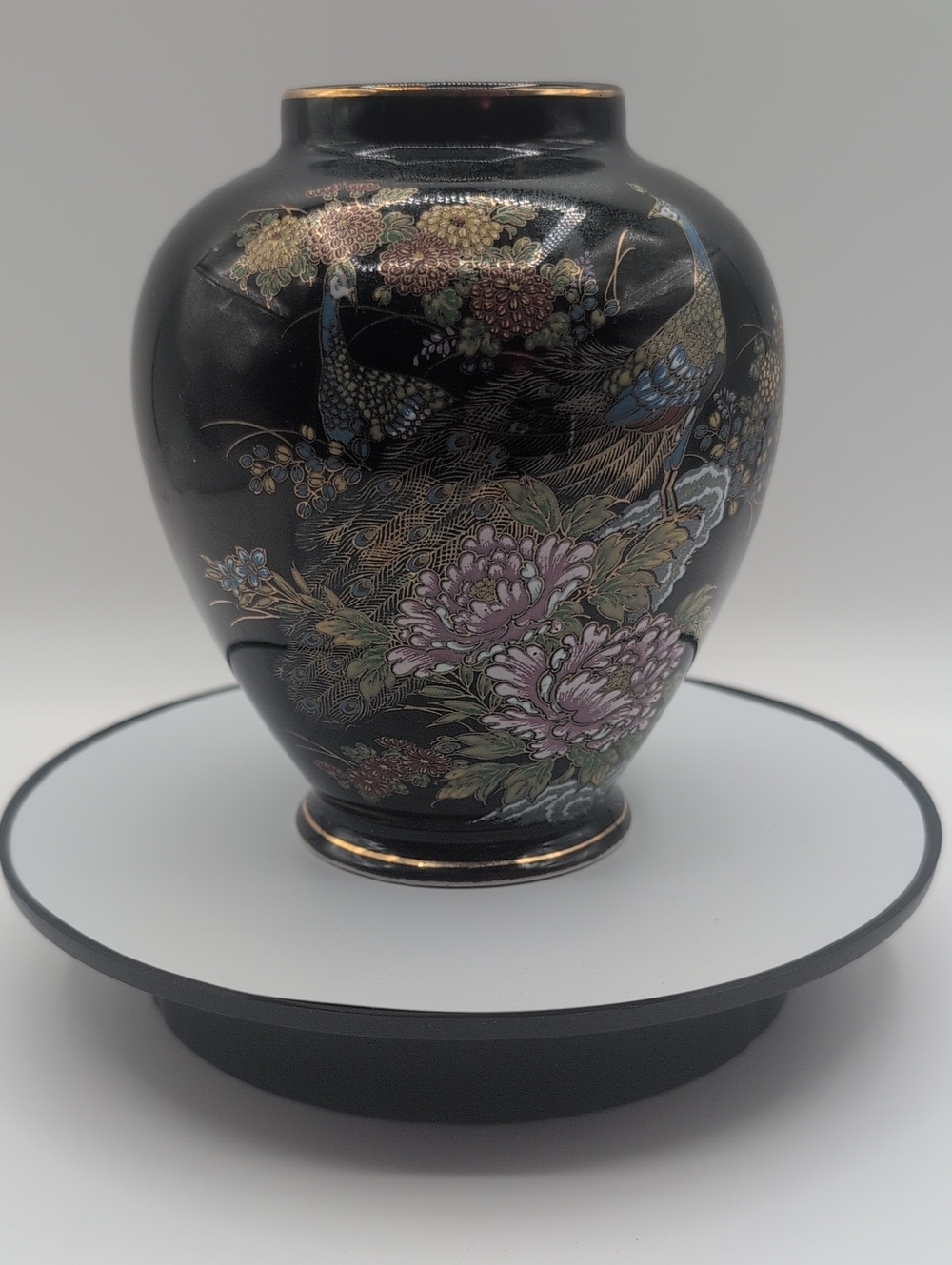 Vintage Japanese Black Floral Peacock Vase with Gold Accents